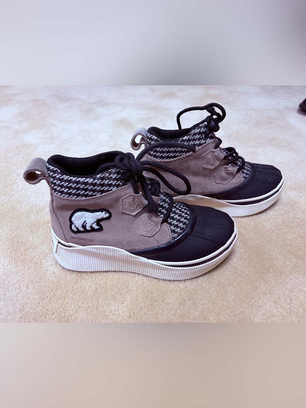 Sorel Kids Taupe & Black Waterproof Ankle Boots with Polar Bear Patch